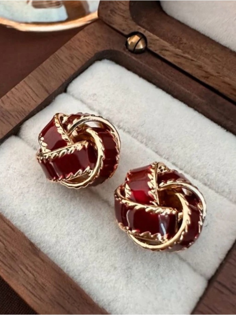 Gold and Deep Red Knot Stud Earrings - Women Jewelry